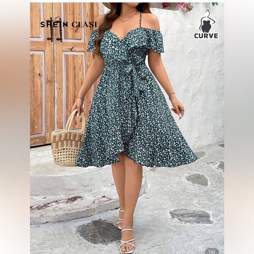 SHEIN Dark Green Floral Wrap Dress Curve size 1xl